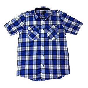 Men's Y2K Hip Hop Roccawear Hip Hop Blue White Button Down Plaid Shirt Pockets L